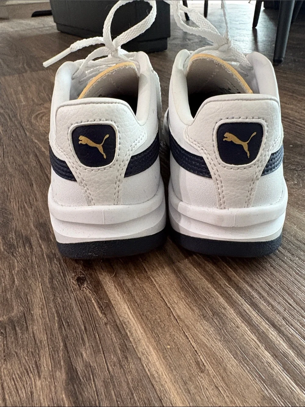 Puma Kids White/Navy Sneakers and Gold Logo